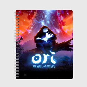 Тетрадь с принтом Ori and the Will of the Wisps , 100% бумага | 48 листов, плотность листов — 60 г/м2, плотность картонной обложки — 250 г/м2. Листы скреплены сбоку удобной пружинной спиралью. Уголки страниц и обложки скругленные. Цвет линий — светло-серый
 | Тематика изображения на принте: adventure | asleep | forest spirit | naru | night | ori and the will of the wisps | orient | pc game | volcanic eruption | дух леса | извержение вулкана | компьютерная игра | нару | ночь | ори | ори и блуждающие огоньки | приключения | спит