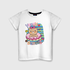 Детская футболка хлопок с принтом Мишка в пончике , 100% хлопок | круглый вырез горловины, полуприлегающий силуэт, длина до линии бедер | Тематика изображения на принте: девочка | медведь | медвежонок | мишка | пончик | сладости