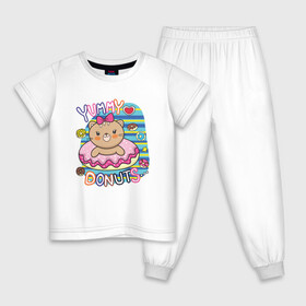 Детская пижама хлопок с принтом Мишка в пончике , 100% хлопок |  брюки и футболка прямого кроя, без карманов, на брюках мягкая резинка на поясе и по низу штанин
 | Тематика изображения на принте: девочка | медведь | медвежонок | мишка | пончик | сладости