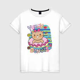Женская футболка хлопок с принтом Мишка в пончике , 100% хлопок | прямой крой, круглый вырез горловины, длина до линии бедер, слегка спущенное плечо | девочка | медведь | медвежонок | мишка | пончик | сладости