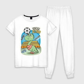 Женская пижама хлопок с принтом Динозаврик футболист , 100% хлопок | брюки и футболка прямого кроя, без карманов, на брюках мягкая резинка на поясе и по низу штанин | soccer | дино | динозавр | динозаврик | мячик | футбол