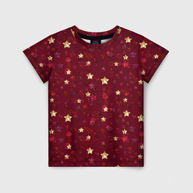 Детская футболка 3D с принтом Россыпи золотых звезд , 100% гипоаллергенный полиэфир | прямой крой, круглый вырез горловины, длина до линии бедер, чуть спущенное плечо, ткань немного тянется | блеск | блестящий | детский | звезды | золото | золотой и красный | красный | модный