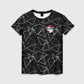 Женская футболка 3D с принтом Черно-белый геометрический  , 100% полиэфир ( синтетическое хлопкоподобное полотно) | прямой крой, круглый вырез горловины, длина до линии бедер | абстрактный | аппликация | геометрический | модный | треугольники | футбол | футбольный клуб | черно белый | черный фон