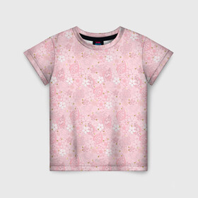 Детская футболка 3D с принтом Нежно розовые цветы с блеском , 100% гипоаллергенный полиэфир | прямой крой, круглый вырез горловины, длина до линии бедер, чуть спущенное плечо, ткань немного тянется | блеск | блестки | детский | золото | малышам | нежно розовый | розовые цветы | розовый и золотой