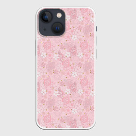 Чехол для iPhone 13 mini с принтом Нежно розовые цветы с блеском ,  |  | блеск | блестки | детский | золото | малышам | нежно розовый | розовые цветы | розовый и золотой