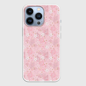 Чехол для iPhone 13 Pro с принтом Нежно розовые цветы с блеском ,  |  | блеск | блестки | детский | золото | малышам | нежно розовый | розовые цветы | розовый и золотой