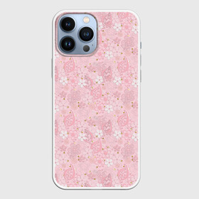 Чехол для iPhone 13 Pro Max с принтом Нежно розовые цветы с блеском ,  |  | блеск | блестки | детский | золото | малышам | нежно розовый | розовые цветы | розовый и золотой