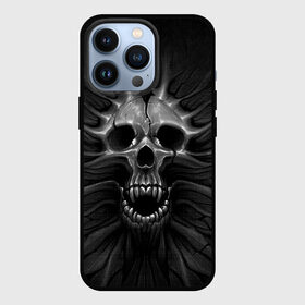 Чехол для iPhone 13 Pro с принтом ЧЕРЕП С КЛЫКАМИ ,  |  | Тематика изображения на принте: dark | death | fear | skelet | skull | байкерам | голова | готика | клыки | кости | крик | оскал | скелет | тьма | ужас | череп | черный