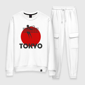 Женский костюм хлопок с принтом Волейбол - Токио , 100% хлопок | на свитшоте круглая горловина, мягкая резинка по низу. Брюки заужены к низу, на них два вида карманов: два 