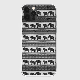 Чехол для iPhone 12 Pro Max с принтом Черно-белый узор слоны , Силикон |  | африканский | монохромный узор | орнамент | полосы | серый | серый и черный | слоны | этнический