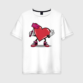 Женская футболка хлопок Oversize с принтом Сердечко сэлфи , 100% хлопок | свободный крой, круглый ворот, спущенный рукав, длина до линии бедер
 | peace | selfi | мир | сердечко | сердце | сэлфи | фотка