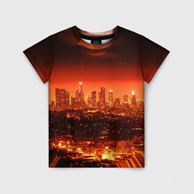 Детская футболка 3D с принтом Закат в Нью Йорке , 100% гипоаллергенный полиэфир | прямой крой, круглый вырез горловины, длина до линии бедер, чуть спущенное плечо, ткань немного тянется | город | закат | красный | луна | мегаполис | месяц | нью йорк | яркий