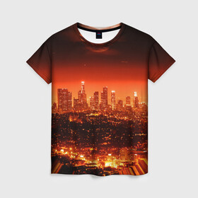 Женская футболка 3D с принтом Закат в Нью Йорке , 100% полиэфир ( синтетическое хлопкоподобное полотно) | прямой крой, круглый вырез горловины, длина до линии бедер | город | закат | красный | луна | мегаполис | месяц | нью йорк | яркий
