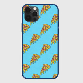 Чехол для iPhone 12 Pro с принтом Пицца паттерн на голубом , силикон | область печати: задняя сторона чехла, без боковых панелей | еда | итальянская кухня | кусок пиццы | паттерн | пицца | пицца пепперони | пицца с колбасой и сыром | слайс | фаст фуд