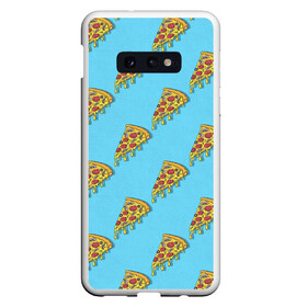 Чехол для Samsung S10E с принтом Пицца паттерн на голубом , Силикон | Область печати: задняя сторона чехла, без боковых панелей | еда | итальянская кухня | кусок пиццы | паттерн | пицца | пицца пепперони | пицца с колбасой и сыром | слайс | фаст фуд