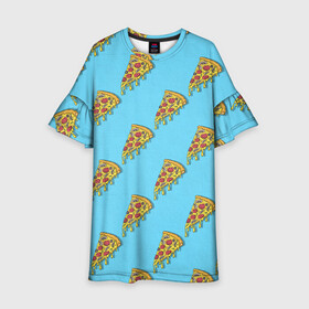 Детское платье 3D с принтом Пицца паттерн на голубом , 100% полиэстер | прямой силуэт, чуть расширенный к низу. Круглая горловина, на рукавах — воланы | еда | итальянская кухня | кусок пиццы | паттерн | пицца | пицца пепперони | пицца с колбасой и сыром | слайс | фаст фуд