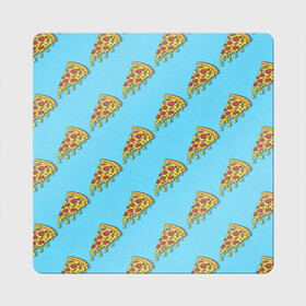 Магнит виниловый Квадрат с принтом Пицца паттерн на голубом , полимерный материал с магнитным слоем | размер 9*9 см, закругленные углы | Тематика изображения на принте: еда | итальянская кухня | кусок пиццы | паттерн | пицца | пицца пепперони | пицца с колбасой и сыром | слайс | фаст фуд