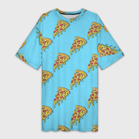 Платье-футболка 3D с принтом Пицца паттерн на голубом ,  |  | еда | итальянская кухня | кусок пиццы | паттерн | пицца | пицца пепперони | пицца с колбасой и сыром | слайс | фаст фуд