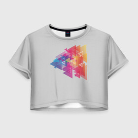 Женская футболка Crop-top 3D с принтом Цветные треугольники , 100% полиэстер | круглая горловина, длина футболки до линии талии, рукава с отворотами | искусство | прямоугольник | пурпурный | симметрия | треугольник | цвет