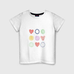Детская футболка хлопок с принтом Цветные сердца и круги , 100% хлопок | круглый вырез горловины, полуприлегающий силуэт, длина до линии бедер | Тематика изображения на принте: карандаш | круги | рисование | сердце | узор