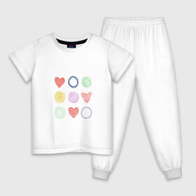Детская пижама хлопок с принтом Цветные сердца и круги , 100% хлопок |  брюки и футболка прямого кроя, без карманов, на брюках мягкая резинка на поясе и по низу штанин
 | Тематика изображения на принте: карандаш | круги | рисование | сердце | узор