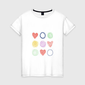 Женская футболка хлопок с принтом Цветные сердца и круги , 100% хлопок | прямой крой, круглый вырез горловины, длина до линии бедер, слегка спущенное плечо | карандаш | круги | рисование | сердце | узор