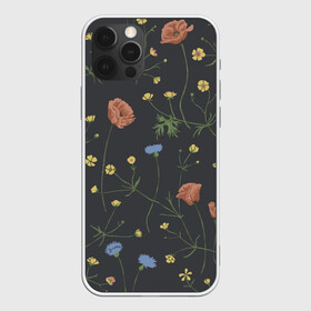 Чехол для iPhone 12 Pro Max с принтом Цветы На черном Фоне , Силикон |  | black | blue | flower | in the top | in the trend | leaves | poppy | small flowers | twigs | yellow | в топе | в тренде | веточки | жёлтый | листья | мак | мелкие цветы | синие | цветок | черный