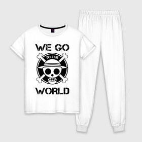 Женская пижама хлопок с принтом WE GO TO THE WORLD One Piece , 100% хлопок | брюки и футболка прямого кроя, без карманов, на брюках мягкая резинка на поясе и по низу штанин | anime | manga | one piece | аниме | большой куш | ван пис | весёлый роджер | вон пис | король пиратов | логотип | манга | монки д. луффи | мугивары | перекрещённый костями | пират | пиратский флаг