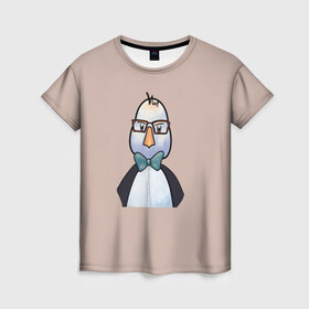Женская футболка 3D с принтом Умная птица  , 100% полиэфир ( синтетическое хлопкоподобное полотно) | прямой крой, круглый вырез горловины, длина до линии бедер | bird | brain | scientist | голубь | мозг | очки | пингвин | птица | учёный