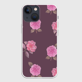 Чехол для iPhone 13 mini с принтом Камелии на вишневом фоне ,  |  | 8 марта | flowers | march 8 | spring | ботаническая иллюстрация | весна | день рождения | зеленый | камелии | лето | листья | любовь | праздник | принт | природа | растения | розовый | цветы