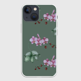 Чехол для iPhone 13 mini с принтом Розовые орхидеи ,  |  | 8 марта | flowers | march 8 | spring | ботаническая иллюстрация | весна | день рождения | зеленый | лето | любовь | орхидея | праздник | принт | природа | растения | розовый | цветы