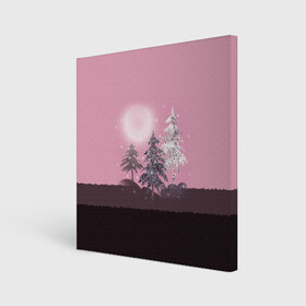 Холст квадратный с принтом Розовое сияние  , 100% ПВХ |  | елка | ель | зима | коричневый и розовый | лес | луна | мозаика | мозаичный узор | новогодний | розовый | солнце | утро