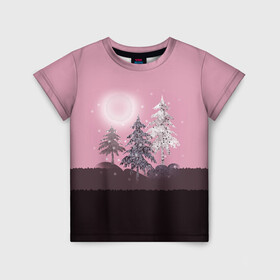 Детская футболка 3D с принтом Розовое сияние  , 100% гипоаллергенный полиэфир | прямой крой, круглый вырез горловины, длина до линии бедер, чуть спущенное плечо, ткань немного тянется | Тематика изображения на принте: елка | ель | зима | коричневый и розовый | лес | луна | мозаика | мозаичный узор | новогодний | розовый | солнце | утро