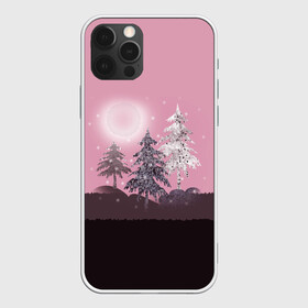 Чехол для iPhone 12 Pro с принтом Розовое сияние  , силикон | область печати: задняя сторона чехла, без боковых панелей | елка | ель | зима | коричневый и розовый | лес | луна | мозаика | мозаичный узор | новогодний | розовый | солнце | утро