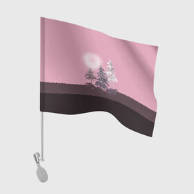 Флаг для автомобиля с принтом Розовое сияние  , 100% полиэстер | Размер: 30*21 см | Тематика изображения на принте: елка | ель | зима | коричневый и розовый | лес | луна | мозаика | мозаичный узор | новогодний | розовый | солнце | утро