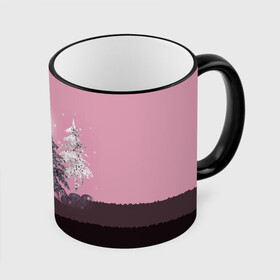 Кружка с полной запечаткой с принтом Розовое сияние  , керамика | ёмкость 330 мл | елка | ель | зима | коричневый и розовый | лес | луна | мозаика | мозаичный узор | новогодний | розовый | солнце | утро