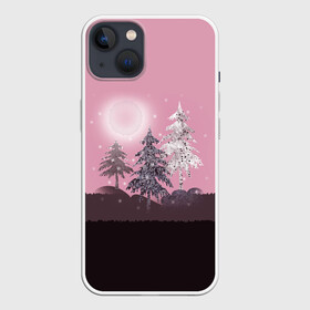 Чехол для iPhone 13 с принтом Розовое сияние ,  |  | елка | ель | зима | коричневый и розовый | лес | луна | мозаика | мозаичный узор | новогодний | розовый | солнце | утро