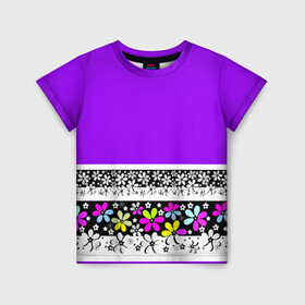 Детская футболка 3D с принтом Яркий фиолетовый цветочный  , 100% гипоаллергенный полиэфир | прямой крой, круглый вырез горловины, длина до линии бедер, чуть спущенное плечо, ткань немного тянется | Тематика изображения на принте: детский | женский | кайма | лето | разноцветные ромашки | ромашки | фиолетовый | фиолетовый и желтый | цветочный узор | цветы