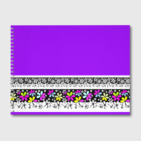 Альбом для рисования с принтом Яркий фиолетовый цветочный  , 100% бумага
 | матовая бумага, плотность 200 мг. | детский | женский | кайма | лето | разноцветные ромашки | ромашки | фиолетовый | фиолетовый и желтый | цветочный узор | цветы