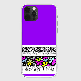 Чехол для iPhone 12 Pro с принтом Яркий фиолетовый цветочный  , силикон | область печати: задняя сторона чехла, без боковых панелей | детский | женский | кайма | лето | разноцветные ромашки | ромашки | фиолетовый | фиолетовый и желтый | цветочный узор | цветы