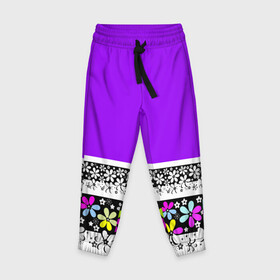 Детские брюки 3D с принтом Яркий фиолетовый цветочный  , 100% полиэстер | манжеты по низу, эластичный пояс регулируется шнурком, по бокам два кармана без застежек, внутренняя часть кармана из мелкой сетки | детский | женский | кайма | лето | разноцветные ромашки | ромашки | фиолетовый | фиолетовый и желтый | цветочный узор | цветы