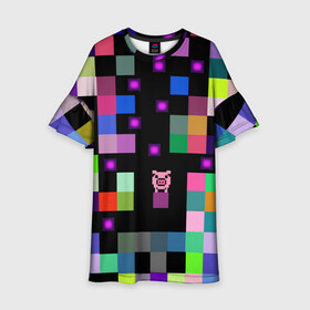 Детское платье 3D с принтом Arcade Pig , 100% полиэстер | прямой силуэт, чуть расширенный к низу. Круглая горловина, на рукавах — воланы | аркада | аркадная игра | мозайка из пикселей | разноцветные квадраты | свинка | свинья на кубе | цифровые кубики