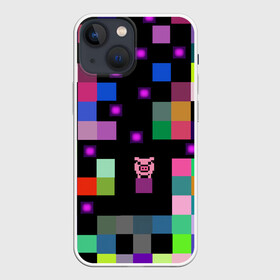 Чехол для iPhone 13 mini с принтом Arcade Pig ,  |  | аркада | аркадная игра | мозайка из пикселей | разноцветные квадраты | свинка | свинья на кубе | цифровые кубики