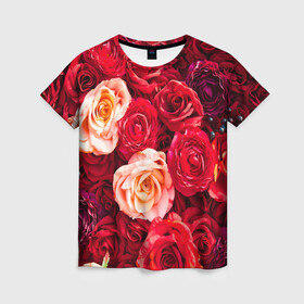 Женская футболка 3D с принтом Букет роз , 100% полиэфир ( синтетическое хлопкоподобное полотно) | прямой крой, круглый вырез горловины, длина до линии бедер | большие | букет | девушкам | красивые | пышные | розы | цветы | яркие