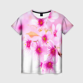 Женская футболка 3D с принтом Весеннее цветение вишни , 100% полиэфир ( синтетическое хлопкоподобное полотно) | прямой крой, круглый вырез горловины, длина до линии бедер | бутоны | весна | девушкам | красивые | розовые | сакура | цветение | цветы | яблоня