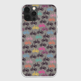 Чехол для iPhone 12 Pro с принтом Цветные велосипеды паттерн , силикон | область печати: задняя сторона чехла, без боковых панелей | велосипеды | велоспорт | горные велосипеды | паттерн | спортивные велосипеды | спортивный | цветной принт