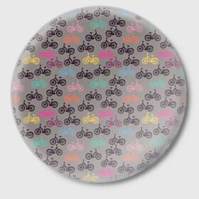 Значок с принтом Цветные велосипеды паттерн ,  металл | круглая форма, металлическая застежка в виде булавки | велосипеды | велоспорт | горные велосипеды | паттерн | спортивные велосипеды | спортивный | цветной принт
