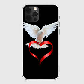 Чехол для iPhone 12 Pro с принтом Голубь любви , силикон | область печати: задняя сторона чехла, без боковых панелей | Тематика изображения на принте: белый | голубь | красивый | ленточка | любовь | сердце