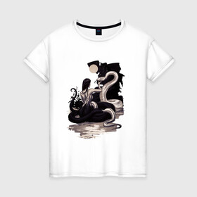 Женская футболка хлопок с принтом Нурэ-онна , 100% хлопок | прямой крой, круглый вырез горловины, длина до линии бедер, слегка спущенное плечо | девушка | змеи | змея | ламия | мифические существа | нурэ онна | получеловек | танец змей | хвост