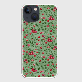 Чехол для iPhone 13 mini с принтом Клюква на болоте ,  |  | бесшовный паттерн | болото | ботанический | в подарок | для детей | клюква | красный с зеленым | лес | осень | природа | цветной | ягоды | яркий